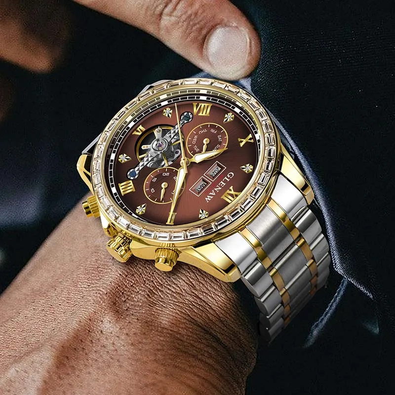 GLENAW autentico orologio da uomo originale di fascia alta con movimento completamente automatico, orologio meccanico, impermeabile, luminoso, con doppio calendario