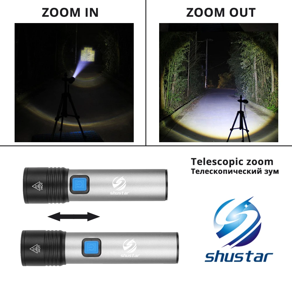 USB Rechargeable LED Flashlight With T6 LED Built-in 1200mAh lithium battery Waterproof camping light Zoomable Torch