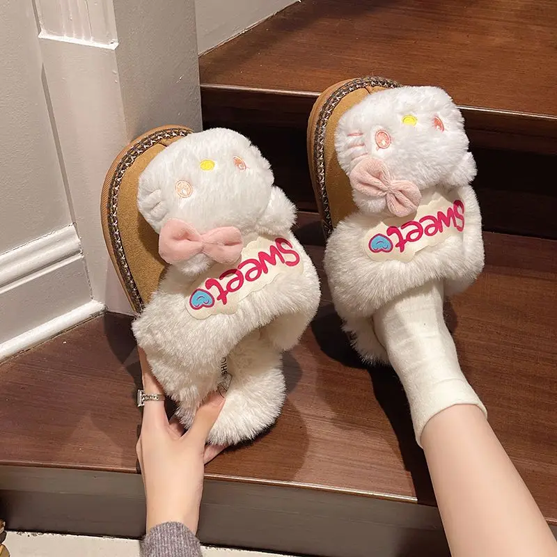 Kawaii مرحبا كيتي الكرتون النعال الفتيات الشتاء الصوف بطانة دافئة تنوعا عارضة في الهواء الطلق أفخم نعال من القطن لطيف هدية