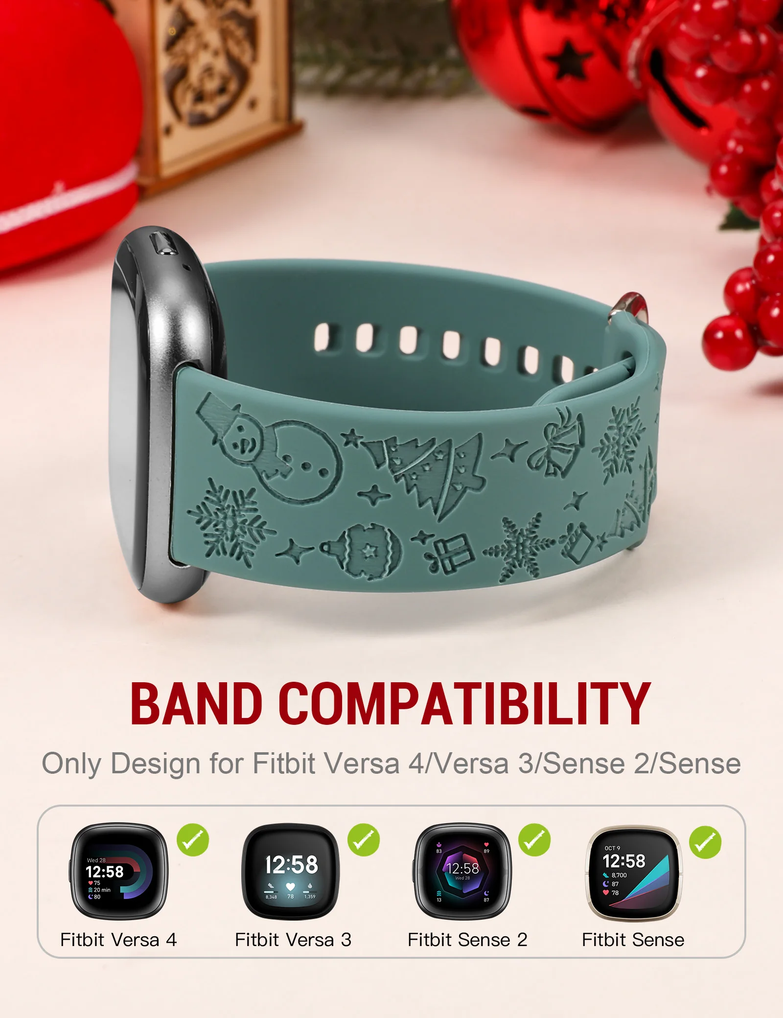 TOYOUTHS Christmas Engraved Watch Band for Fitbit Versa 4/Sense 2/Versa 3/Sense Silicone Snowman Snowflake Christmas Tree Strap