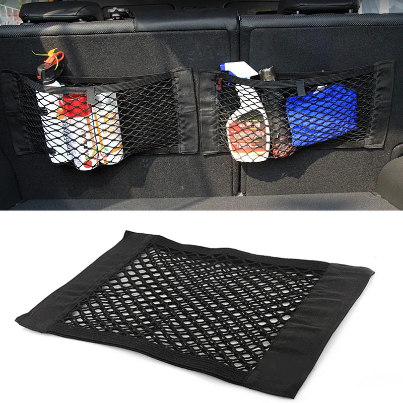 Bolsa Organizadora de Malha para Porta-Malas de Carro, Organizador Automotivo de Dupla Camada com Rede Elástica e Bolso com Adesivo Mágico
