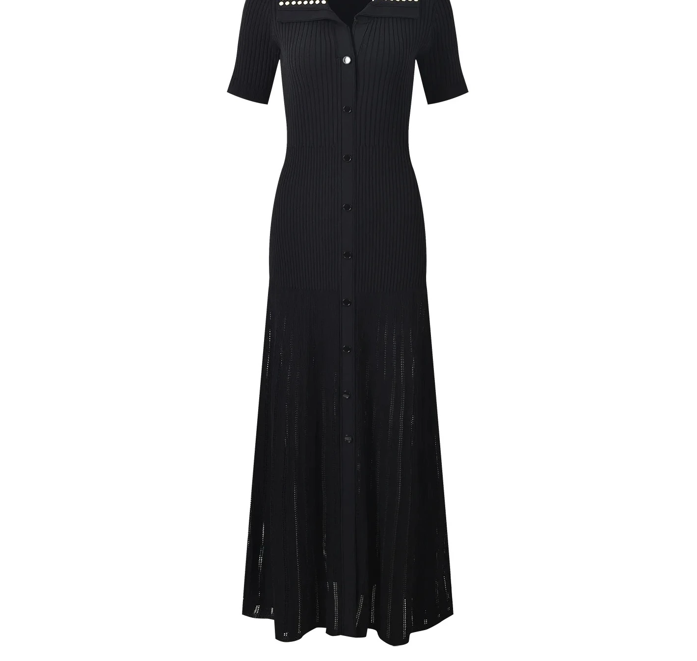 

Весна 2025, женское черное вязаное платье миди с отложным воротником из бисера, однобортный облегающий халат с короткими рукавами