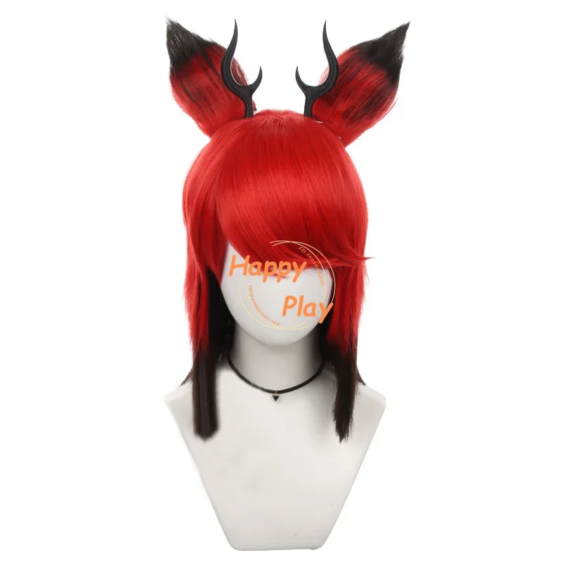 Alastor Cosplay Wig Red Black Short Wig With Ear Unisex Cosplay Anime Wigs Heat Resistant Synthetic Hair Alastor Cos Accessory