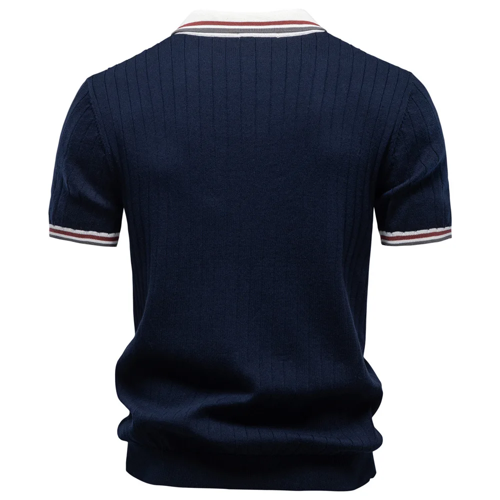 Summer Mens Cotton Knit Polo Shirt Contrast Color Turn Down Collar Short Sleeve Business Casual Polos Tees Man Pull On Golf Tops