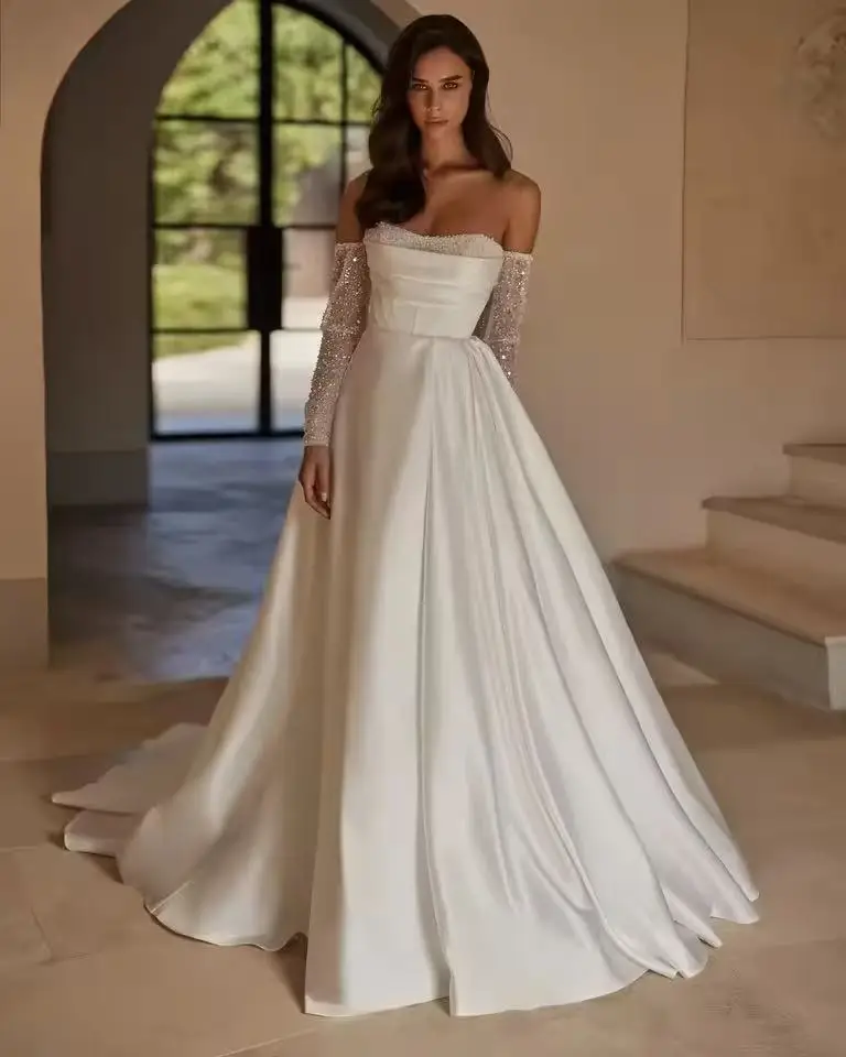 Shiny Beaded Around Pleat Satin A Line Wedding Dresses Side Slit Detachable Long Sleeves Customized Vestido De Noival