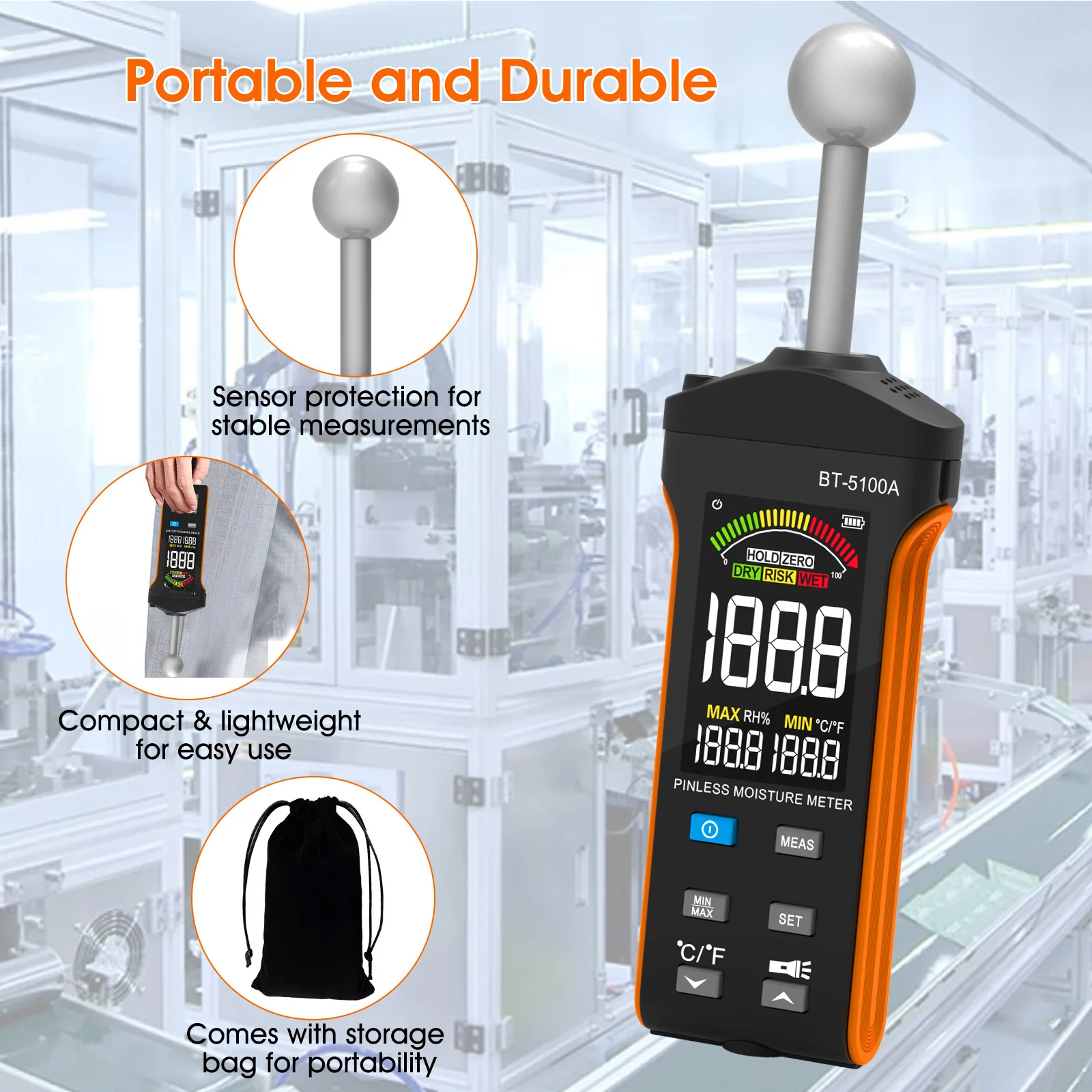 BT 5100A Pinless Moisture Meter Spherical Probe For Wood Walls Non Destructive Humidity Tester With Color LCD Display And Alarm