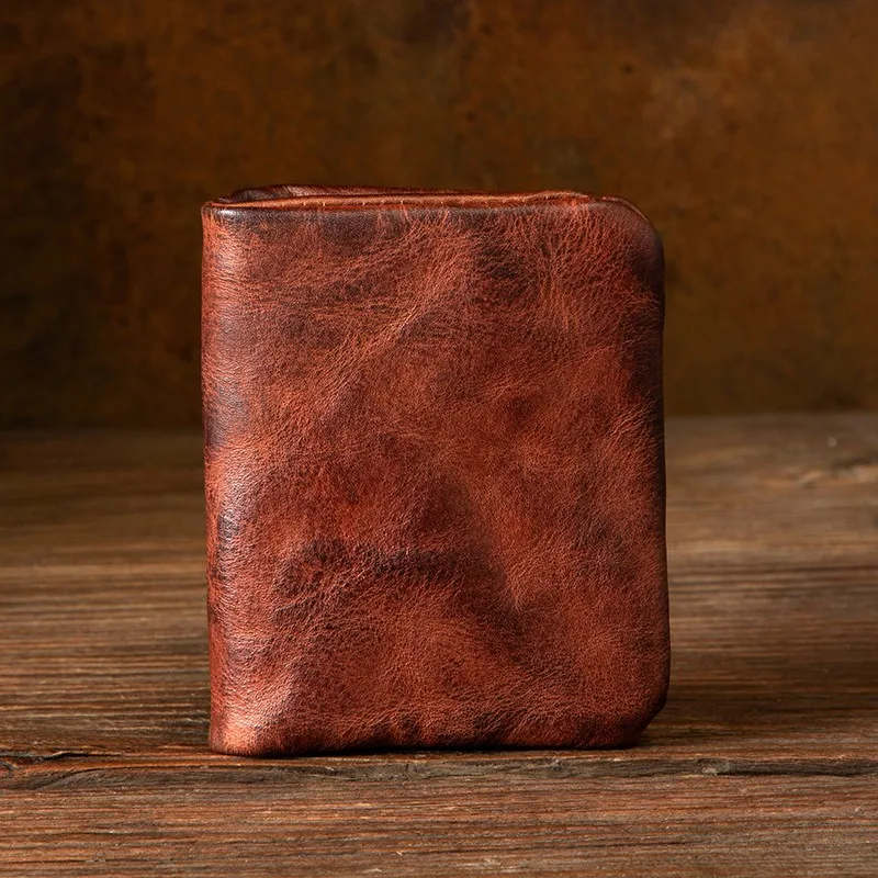 Original top layer cowhide key bag, retro business casual short coin purse, unisex vertical wallet
