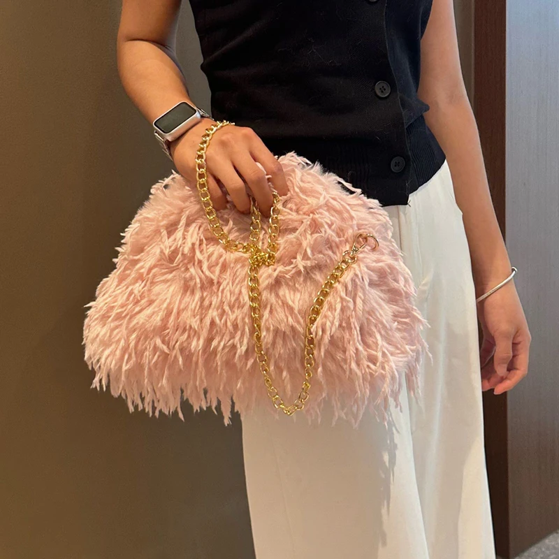 Candy Color Feather Dumpling Bag Fluffy Plush Shoulder Bags for Women Faux Fur Bag NEW Soft Warm Handbag Clip Bags Pouch