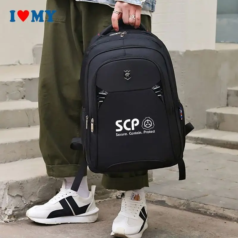 Black SCP Secure Contain Protect Print Sport Backpack, Large Capacity Unisex School Travel Bag for College Daily Commute
