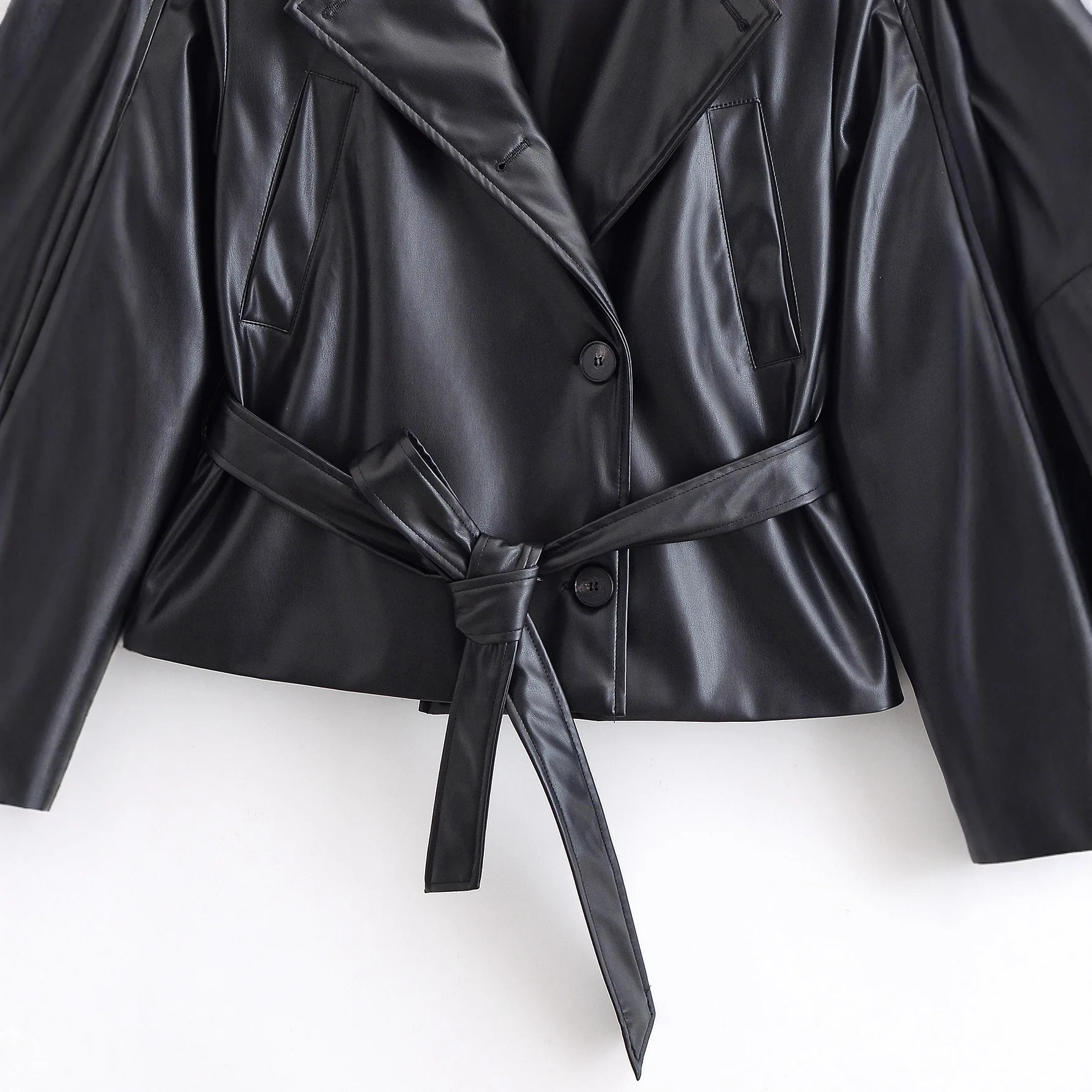 KIDCRKJ المرأة الدانتيل يصل معطف الربيع الأسود التلبيب طوق Cinched الخصر بولي معطف معطف جلد للإناث Highstreet تنوعا سيدة أبلى #3