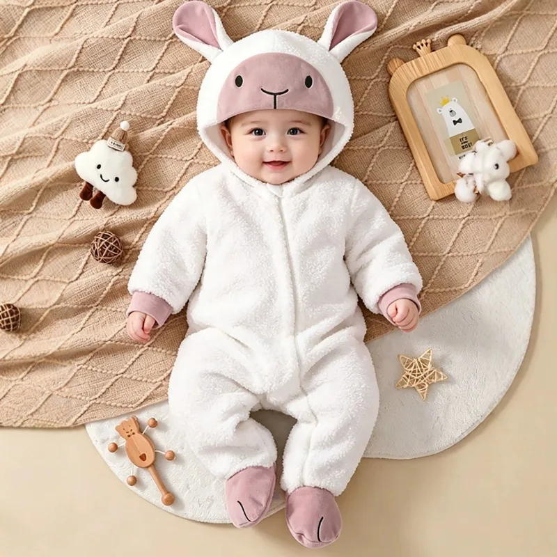 Cute Newborn Sheep Romper Hooded Fluffy Winter Warm Bodysuit Infant Toddler One-Piece Jumpsuit Animal Costume Clothes Gift!