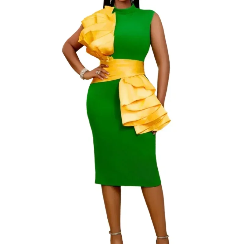 Green Midi Dresses Mock Neck Sleeveless Yellow Ruffles Empire Package Hip Evening Cocktail Event Party Gowns for Women