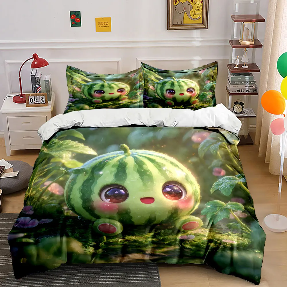Green Nature Watermelon Decor Bedding Set with 1 Duvet Cover 2 Pillowcases Single Double King Queen, Gift