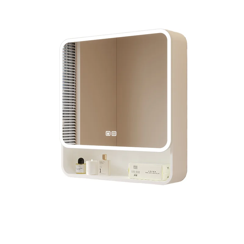 

Modern Rectangular Bathroom Medicine Cabinet with Light Emitting Diode Smart Wall Mirror and Hotel Touch Screen Storage Rack