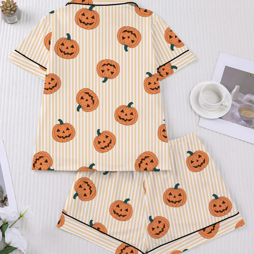 Christmas Themed Pajama  with Pumpkin Print Lapel Short Sleeve Short Trousers Loungewear Home Wear Set Clothes Gifts for Women