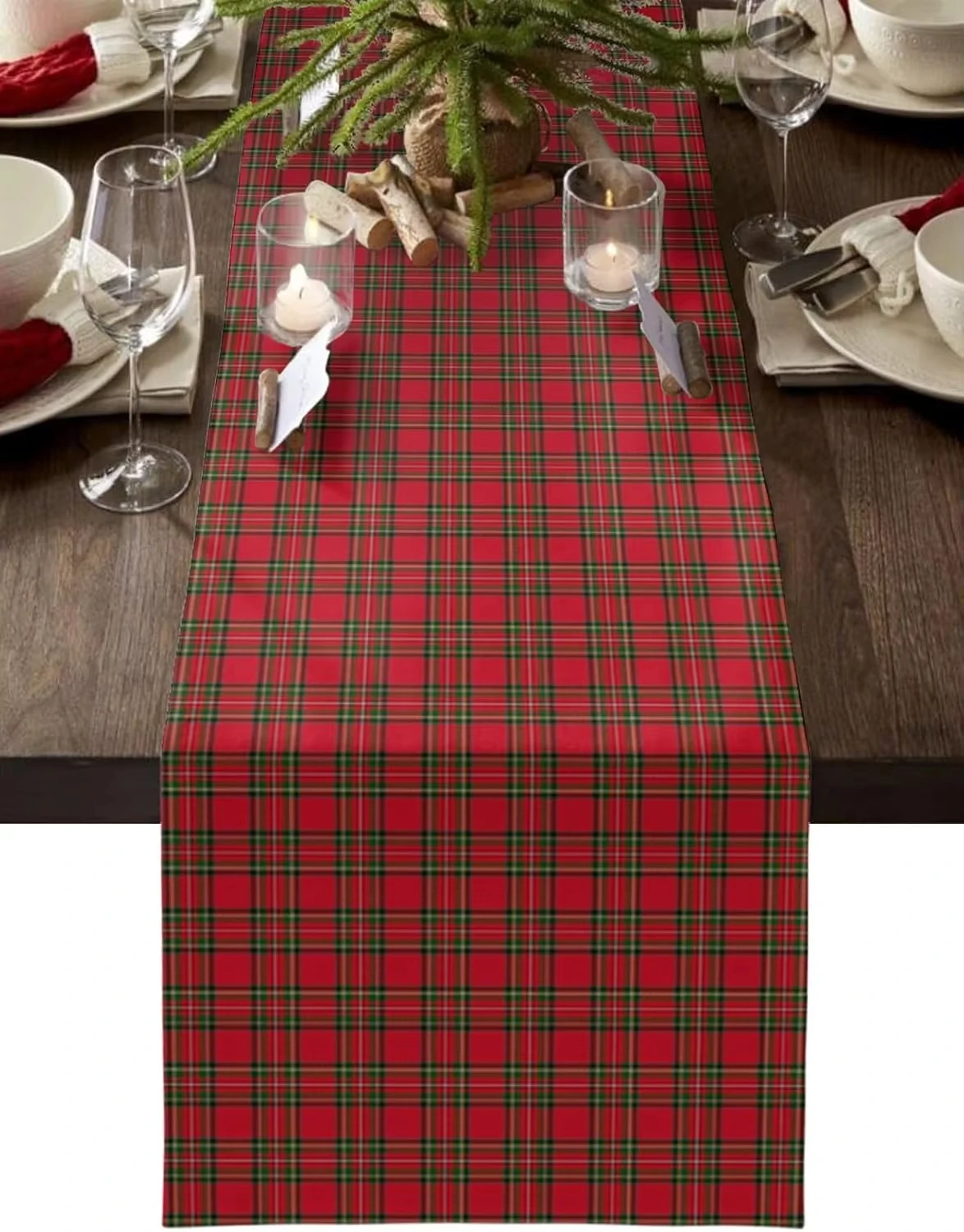 Christmas red and green checkered linen table runner party decoration winter Christmas kitchen table runner Christmas decoration