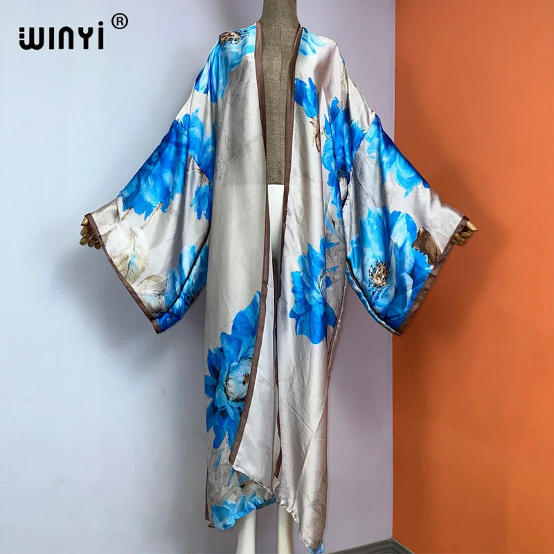 WINYI kimono new fashion print купальник Women Cardigan Loose Long Dress elegant Party Boho Maxi beach Holiday Cover Ups  kaftan