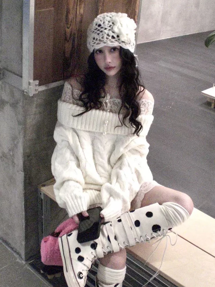 

Japanese Lazy Wind Knit Sweater Women Lace Patchwork Pearl Sweet Casual Pullovers Slash Neck Off Shoulder Loose Knitwear Jumpers
