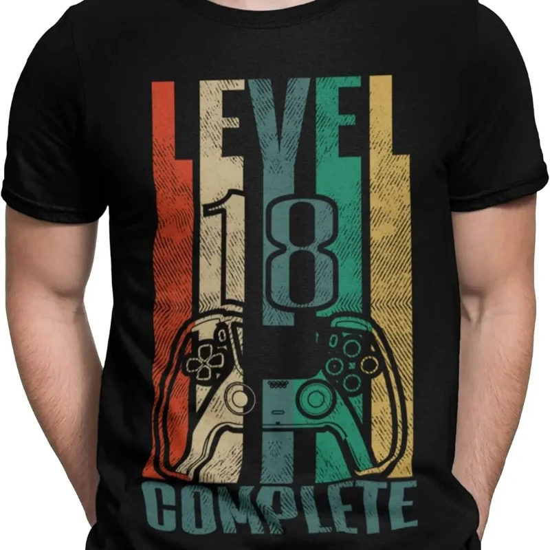 18 Years Birthday T-Shirt Men Gift for Surprise Party Gift Idea Funny Shirt with Level Complete Wording Summer Cotton Tee Tops