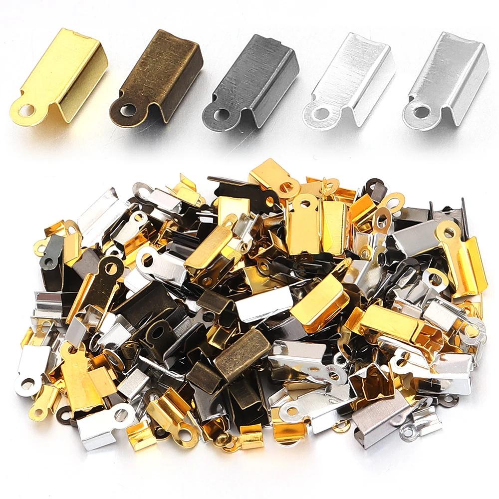 200pcs/lot Crimp Beads Cove Clasps Cord End Caps String Ribbon Leather Clip Foldover For Jewelry Making DIY Necklace Connectors