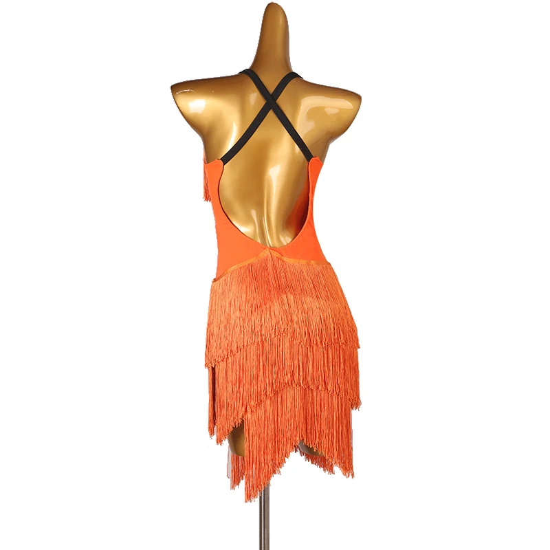 Luxury Latin Dance Dresses Performance Costumes Sexy V-neck orange Tassel Dress For Women Girls Stage Competiton Clothing