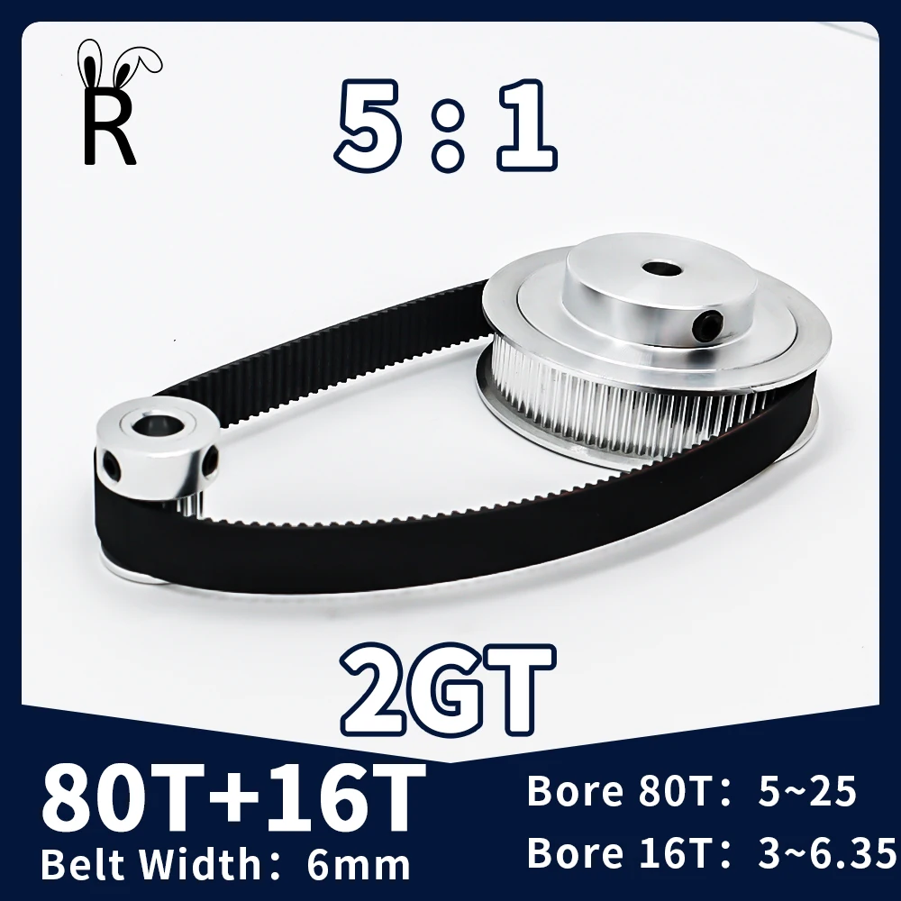 

80T 16Teeth 2GT Pulley Belt Kit Reduction5:1 3D Printer Parts Bore 5~25mm Belt Width 6mm Synchronous Wheel GT2 Timing Pulley Set