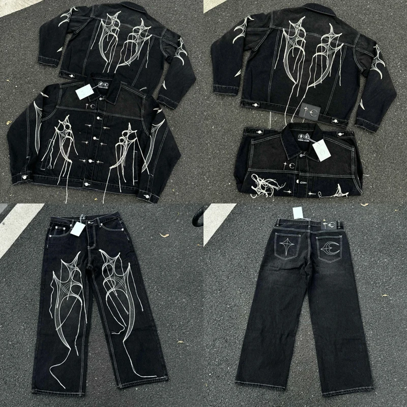 

Новая мужская одежда Thug Club Jacket American High Street Классический металлический логотип с вышитыми карманами и кисточками Джинсовое пальто Джинсы