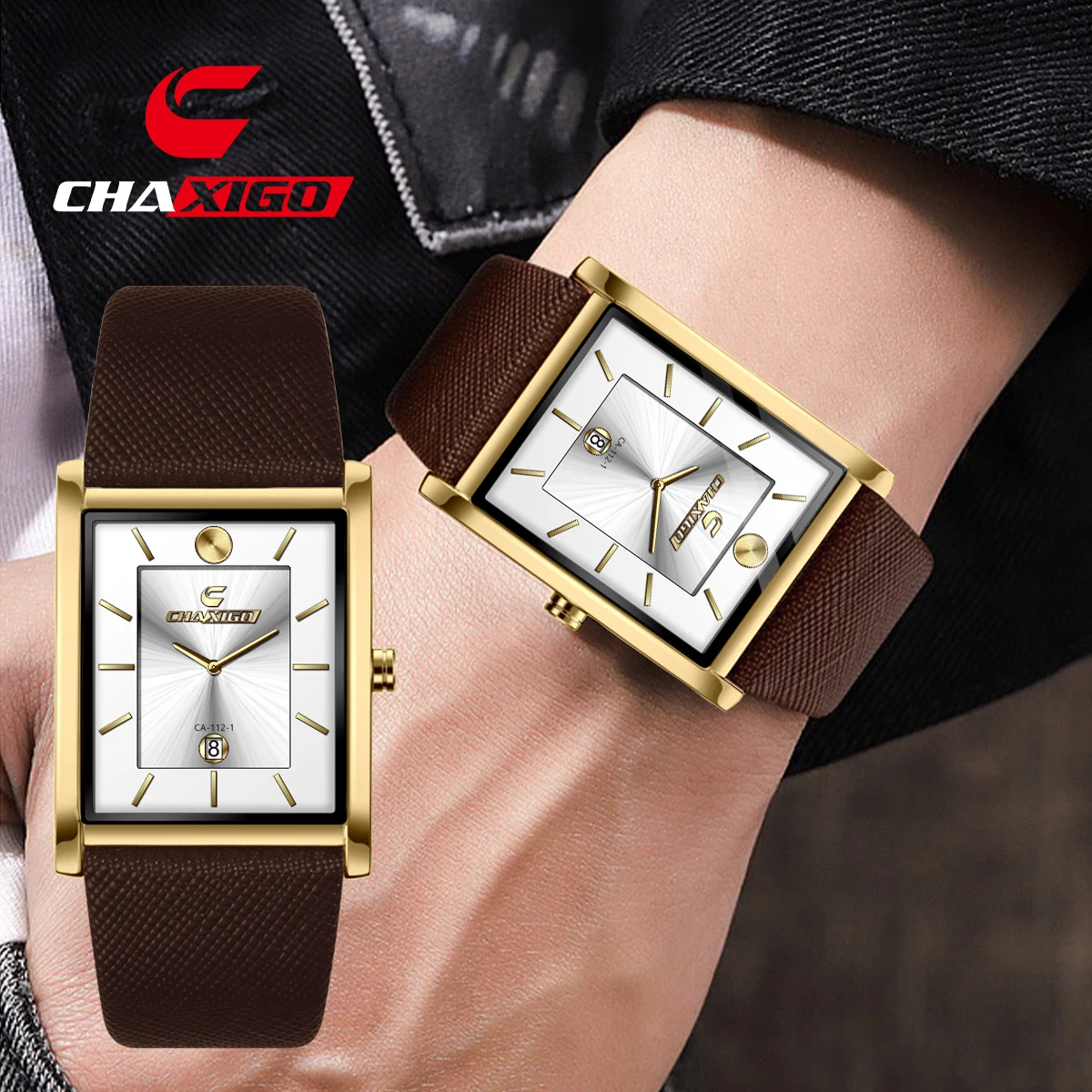CHAXIGO Men's Fashion Casual Leather Strap Square Watch with Pin Buckle Mineral Glass Crystal 30m Water Resistance Business