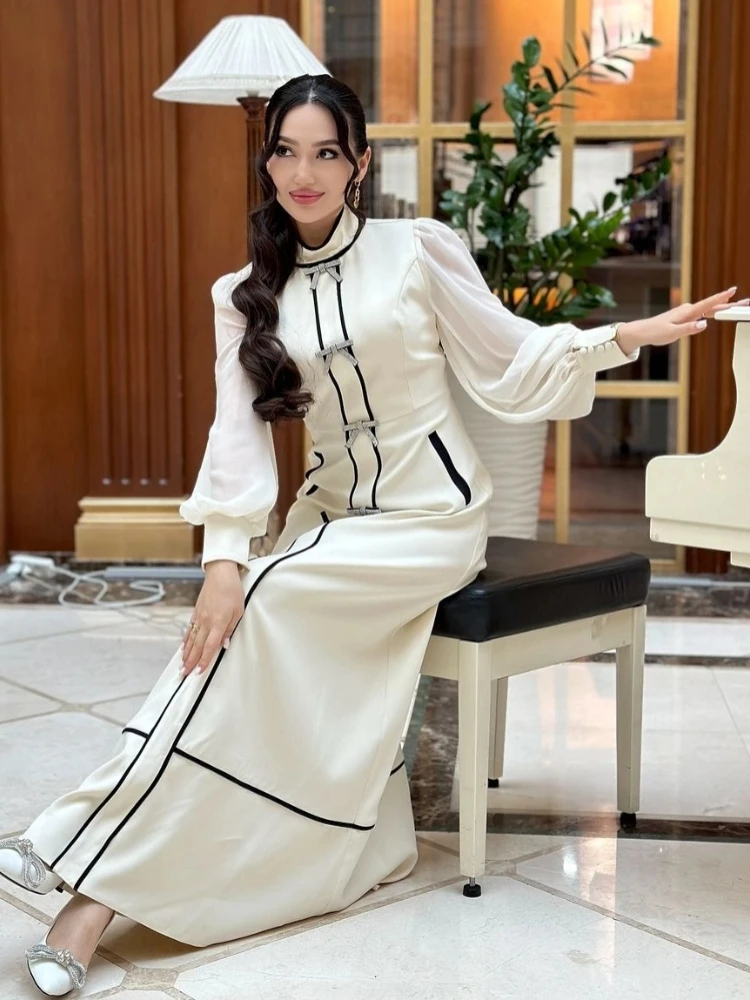 

Panelled O-neck Bow Long Dress Women Elegant Lantern Full Sleeve Waist Cinching Party Evening Dresses New Fashion Ladies Vestido
