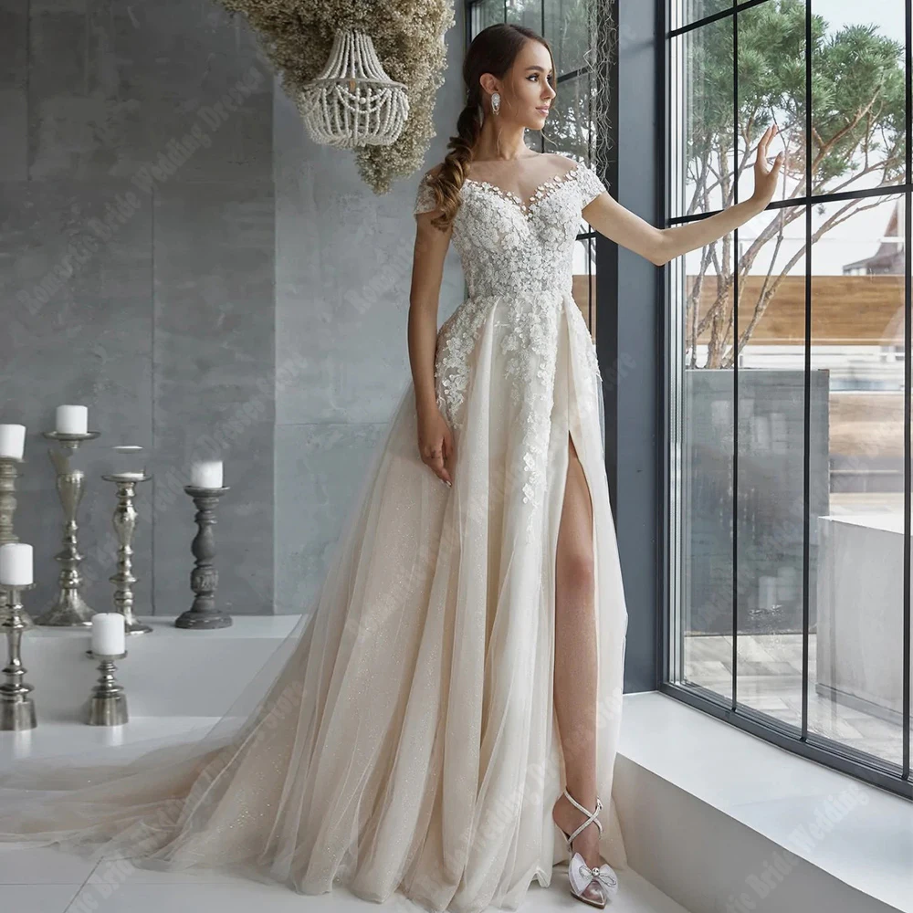 

Illusion A-Line Wedding Dresses Off The Shoulder Sleeveless Tulle Bride Gowns Mopping Length Engagement Banquet Vestido De Novia