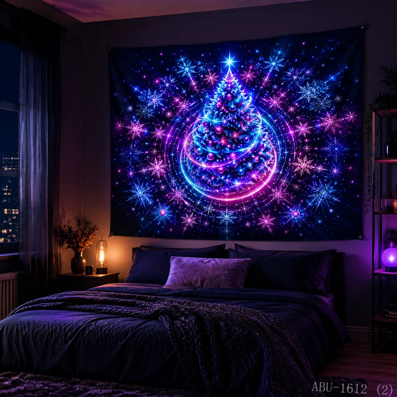 VIKAMA Neon Purple Blue Halo Tree Snowflake Burst Starry Radiant Ornament Cosmic Glow Christmas Tapestry Wall Hanging Bedroom