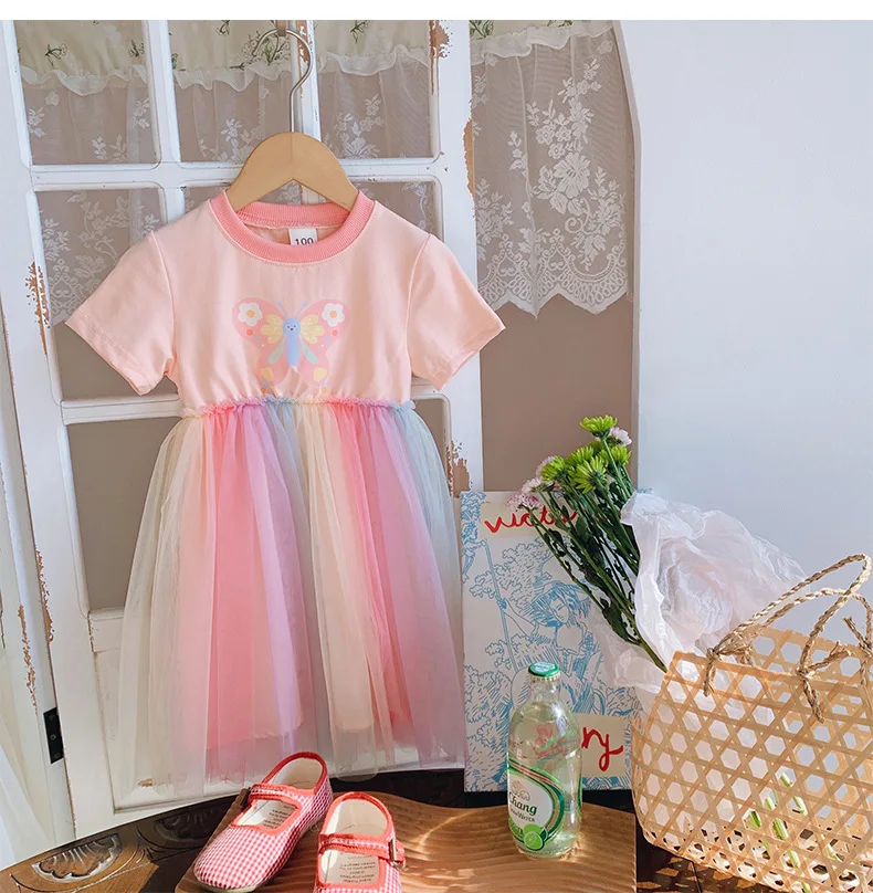 

2025 Summer New Mesh Girls' Dress Butterfly Print Colorful Short Sleeved Round Neck Sweet Kids Princess Fluffy Dress 2-8Y