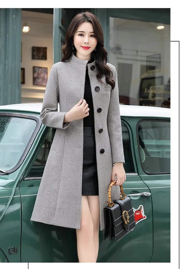 Women Woolen Coat Long Sleeve Autumn Winter Slim Fit Buttons Woolen Coat Elegant Women Overcoat for Office