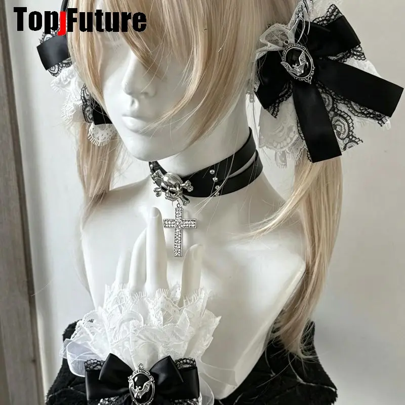Original Mass Produced Lace Bow Dark Rhinestone Skirt Hair Clips Hair Accessories Wrist Cuffs Punk Choker Original Neck Collar