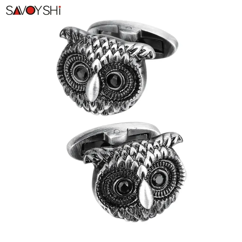 SAVOYSHI Men's Novelty Owl Cufflinks with Black Crystal Eyes Ancient Silver Color Shirt Accessory Engraving