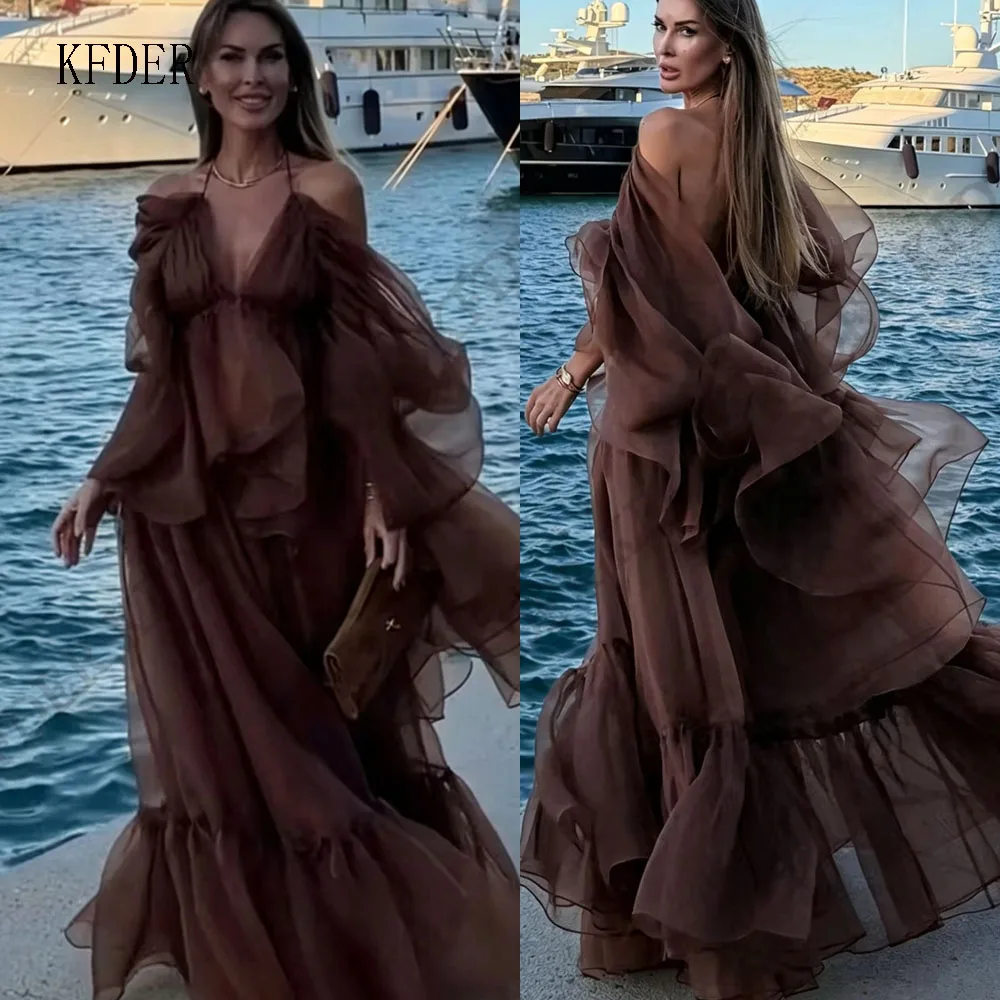 Dark Brown Tulle Tiered A Line Prom Gowns V Neck Party Gown Floor Length Formal Evening Dress vestidos de festa Customized