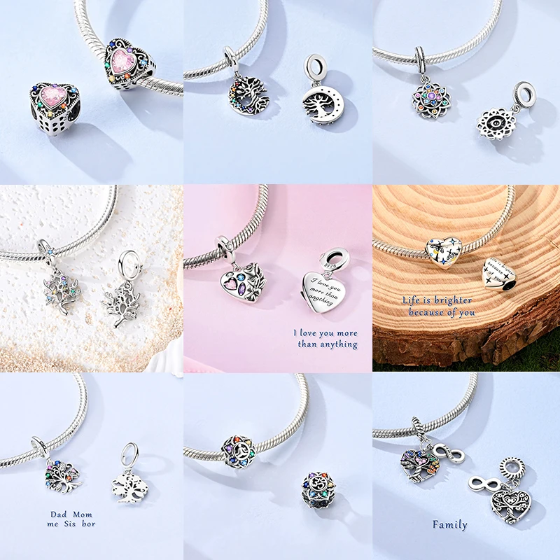 925 Sterling Silber Bunte CZ-Charm-Perlen Herz Baum des Lebens Elefant Hamsa Pfote Sonne Mond für DIY Armband Halskette Geschenk – Detail 2