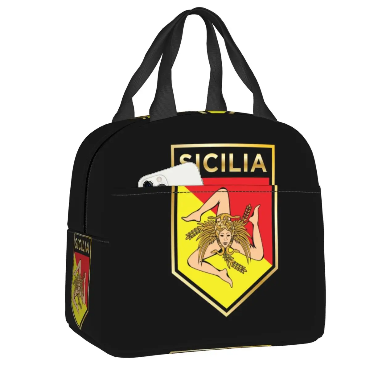 Custom Sicilan Shield Insulated Lunch Bag for Women Portable Trinacria Sicily Flag Thermal Cooler Bento Box Beach Camping Travel