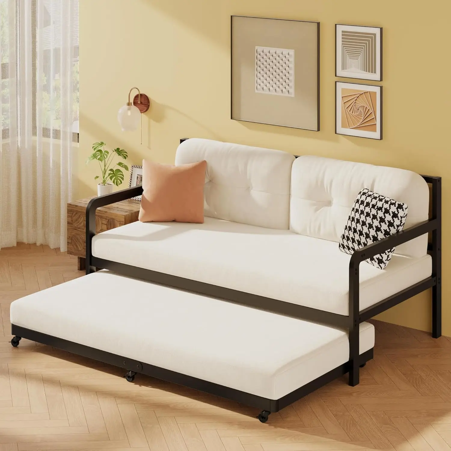 Roll Out Trundle Bed Twin with 6 Lockable Casters, Black