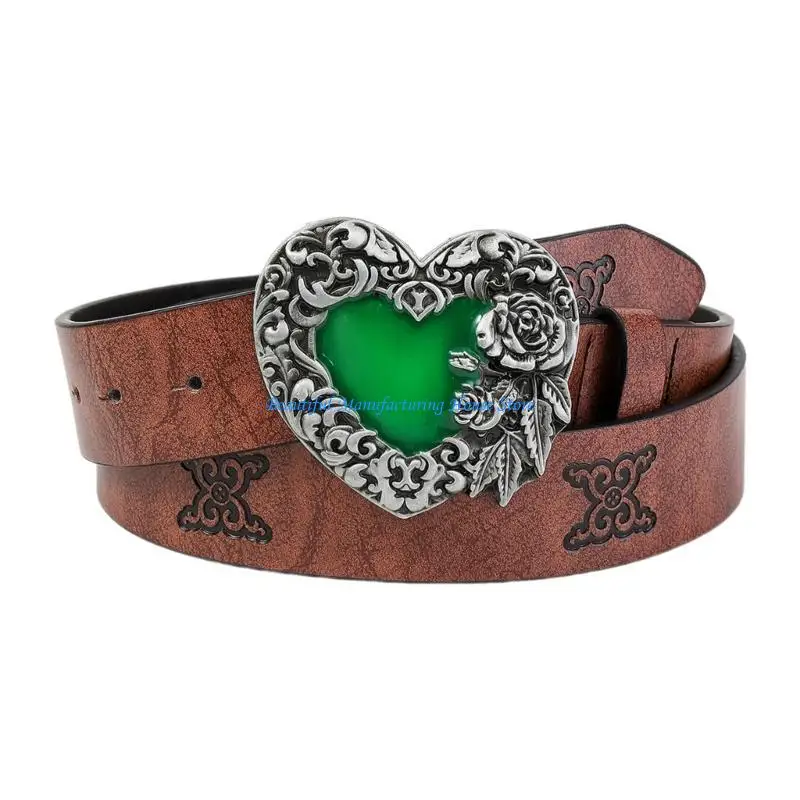 

E56A PU Waist Belt with Embossed Gemstones Buckle Adjustable Length Waist Belt Woman Girls Jeans Skirt Coat Decors Waistband