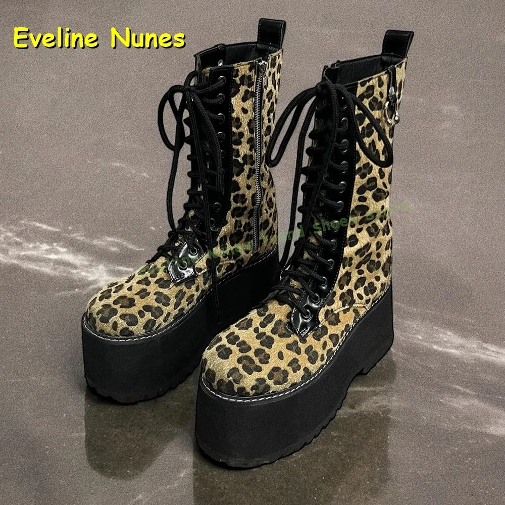 Leopard Platform Lace-Up Motorcycle Boots Round Toe Thick Sole Side Zipper Couple Spicy Girl Mid Calf Boots Y2K Punk Sexy Shoes