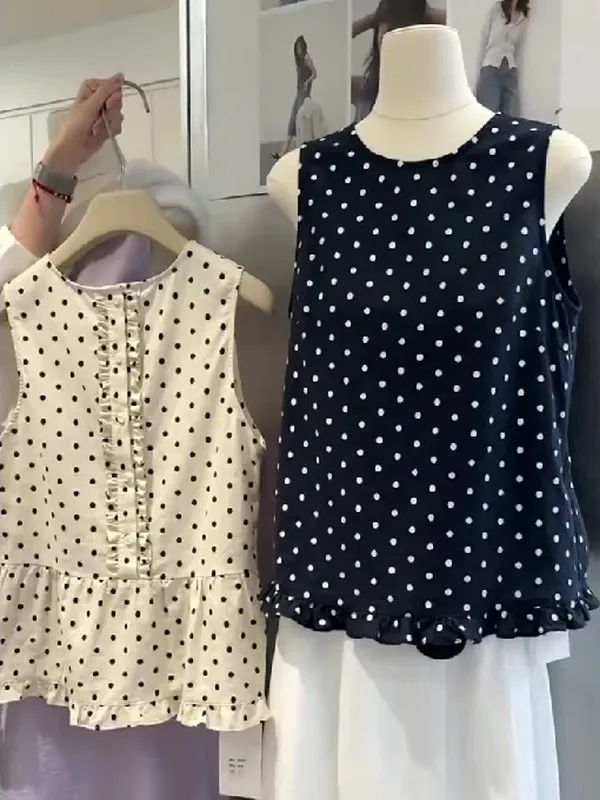 

Летний винтажный топ в горошек, женская свободная утягивающая верхняя одежда, жилет, деревянный дизайн, возрастной корейский сле