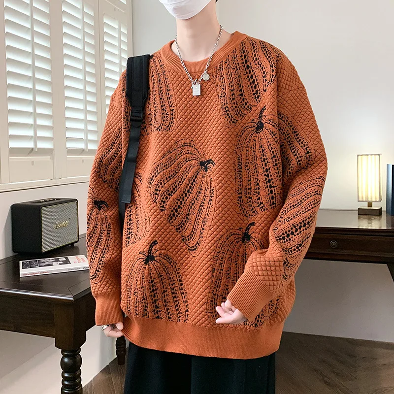 Halloween Pumpkin Sweater Top Autumn Winter Korea Sweater Knitted Shirt O-Neck Casual Long Sleeve Loose Jacquard Trendy Lazy Top