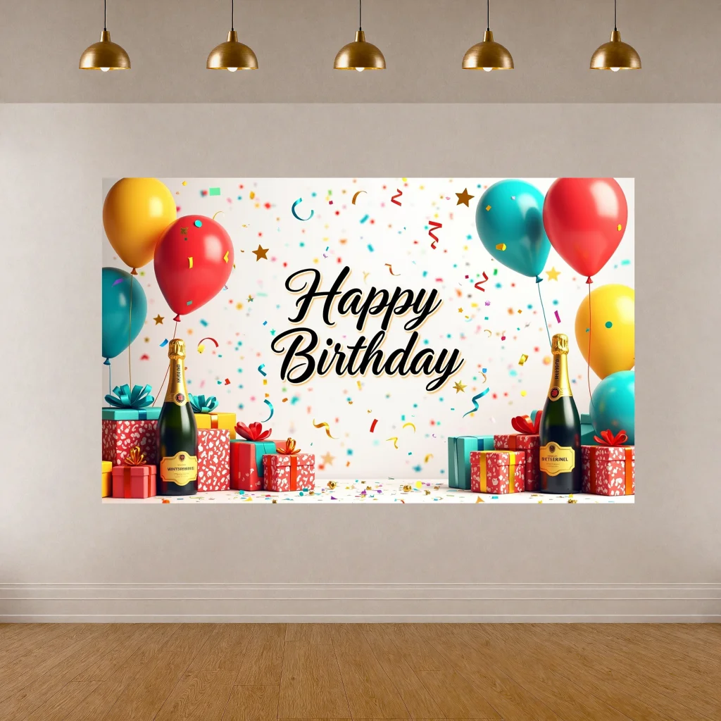 Birthday Celebration Backdrop For Party Decoration Banner With Balloons Champagne Confetti Gift Boxes For Anniversary Background