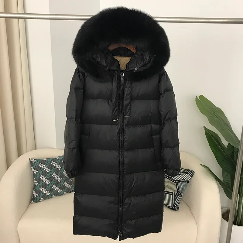 

MENINA BONITA 2023 New Long Jacket Real Raccoon Fox Fur Collar Hooded Winter Women White Duck Down Female Coat Luxury Outerwear