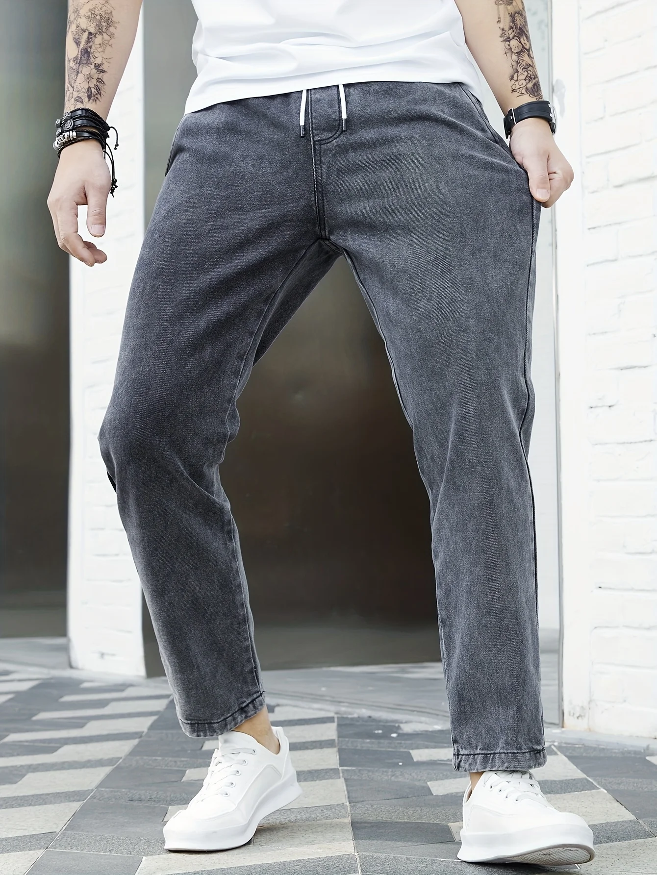 2026 Spring Autumn Fashion Washed Brand Loose Straight-Leg Elastic Waist Drawstring Versatile Japanese Style Casual Cropped Jean