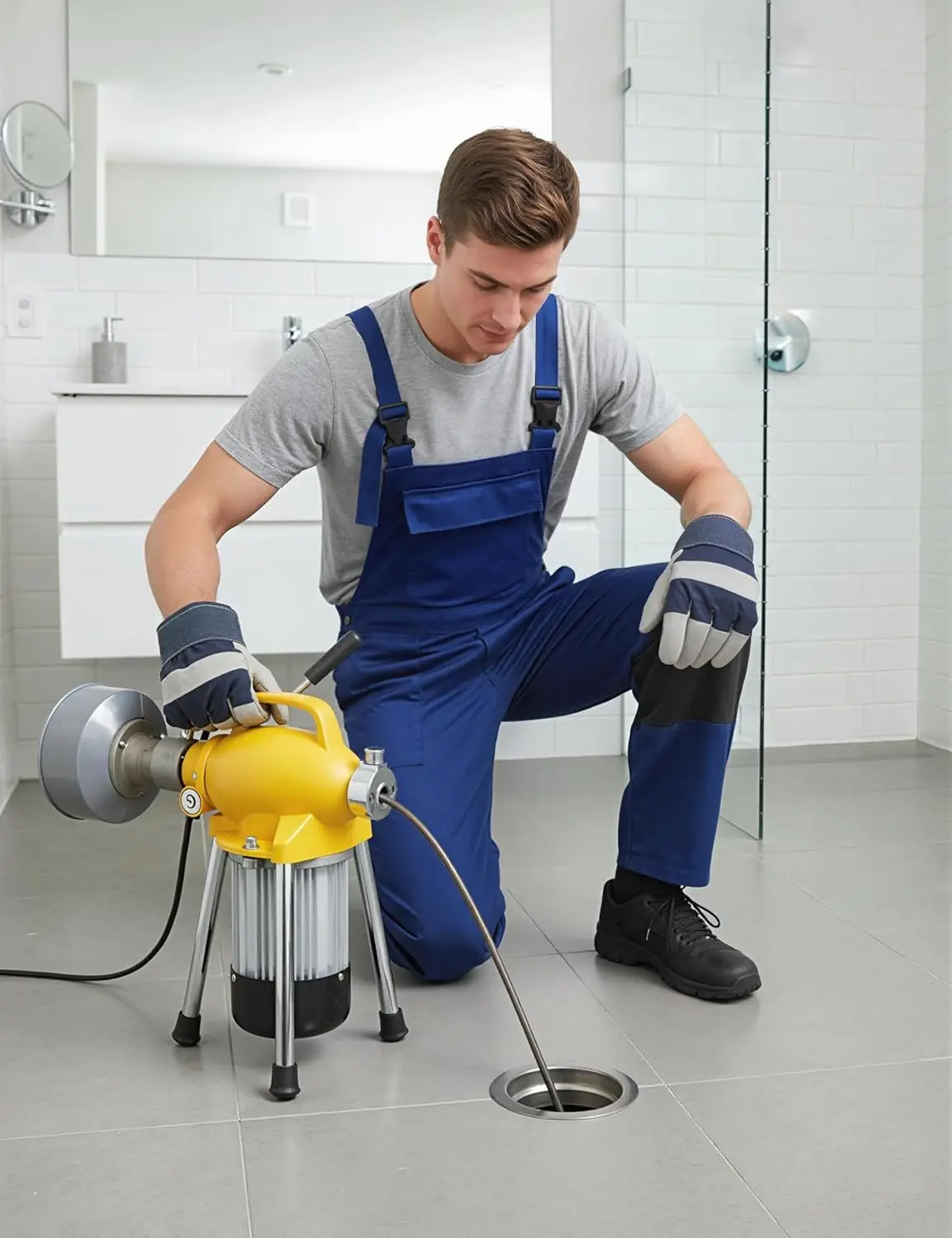 Drain Cleaner Machine with Auto Feed, 500W Electric Sewer Snake Auger – 66FT & 16FT Steel Cables, 7 Cutters for 3/4