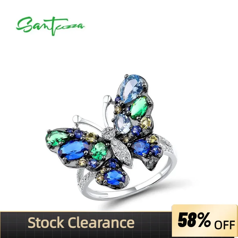 SANTUZZA Silver Ring For Women Pure 925 Sterling Silver Charming Blue Butterfly Sparkling Spinel Trendy Party Fine Jewelry