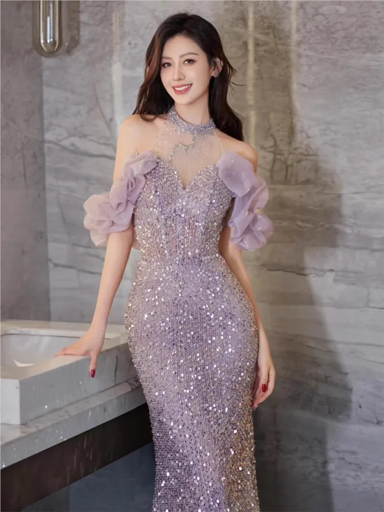 

Light luxury niche new rite of passage sequins hanging neck graduation women toasting dress