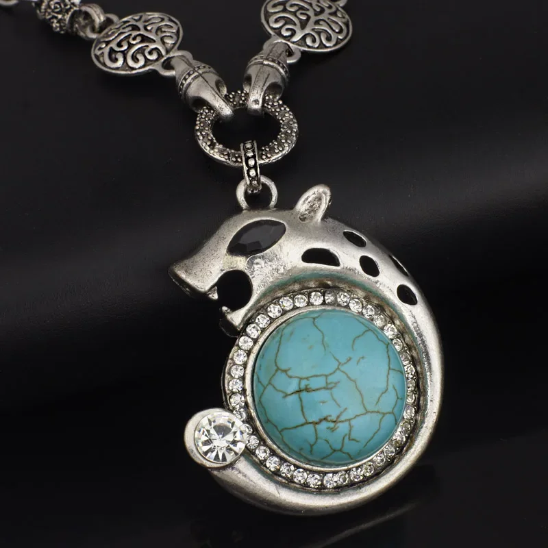 Elegant Leopard Round Created Crystal Carved Pattern Flower Antique Pendant Necklace Women's Girl Gift Jewelry X563